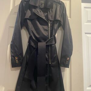 Guess Black Belted Women's Trench Coat, with Gold Zipper, buttons & detailing